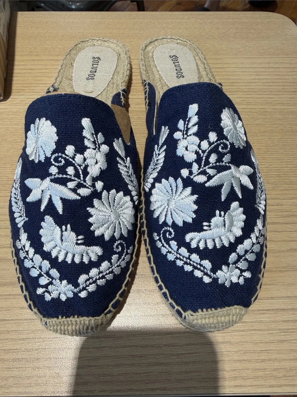 Soludos Navy Espadrille Slip-On Mules with White Floral Embroidery
